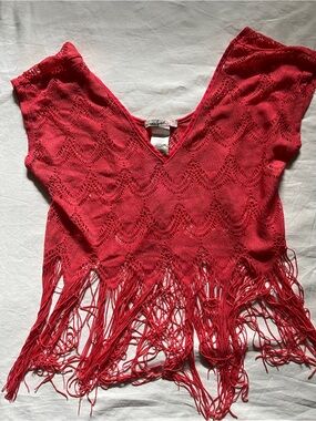 Red Crochet Fringe V-Neck Women's Top